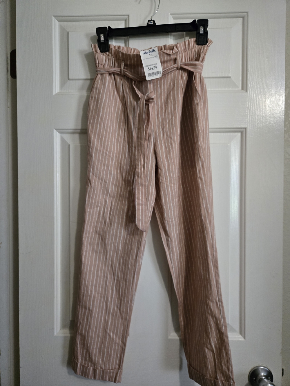 Women's High-Waist Paperbag Pants - Blush Stripe - Picture 4 of 6